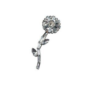 Petite Flower Pin Brooch with Stem Clear Acrylic Rhinestones Silver Tone Metal
